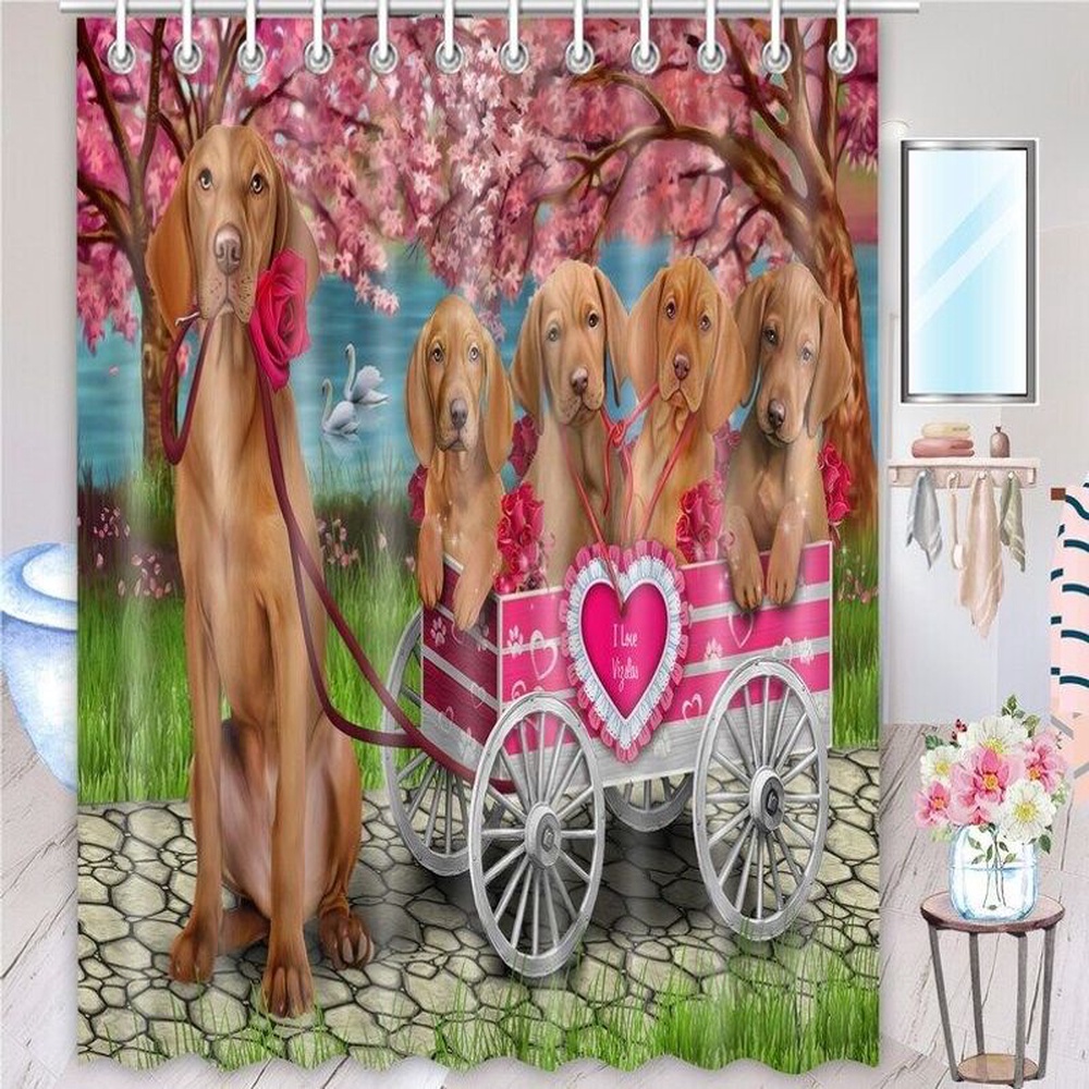 Valentine Shower Curtain, Vizsla Shower Curtain Many Dogs In A Cart Designs Bathroom Shower Curtain Sets Valentine Decorations Indoor
