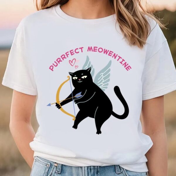 Valentine T-Shirt, Black Cat Cupid Purr Perfect Meow Valentine Funny T-Shirt, Valentine Day Shirt