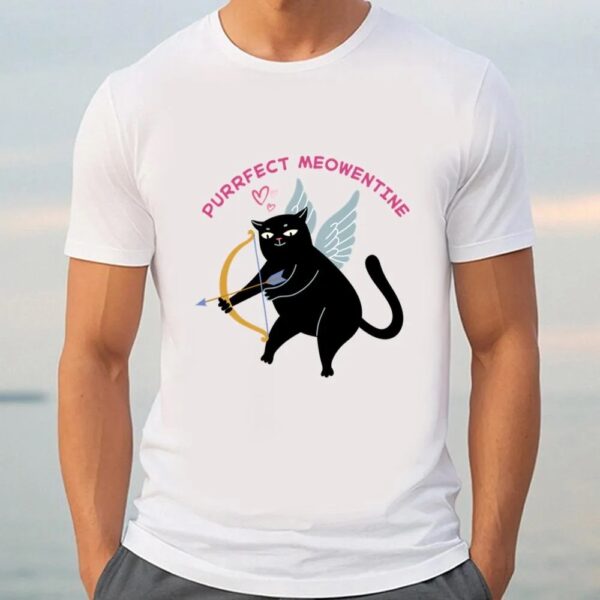 Valentine T-Shirt, Black Cat Cupid Purr Perfect Meow Valentine Funny T-Shirt, Valentine Day Shirt