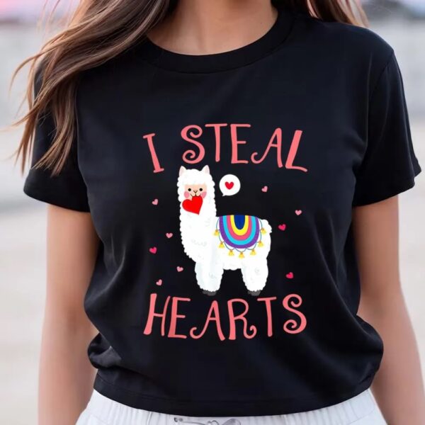 Valentine T-Shirt, Cute Llama Alpaca I Steal Hearts Valentine’s Day T-Shirt, Valentine Day Shirt