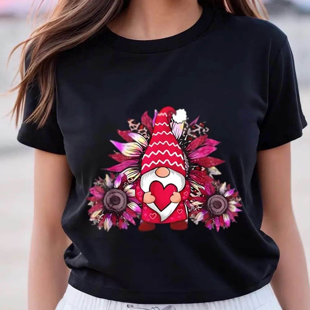 Valentine T-Shirt, Happy Valentine Day Gnome With Leopard Sunflower Valentine Shirt, Valentine Day Shirt