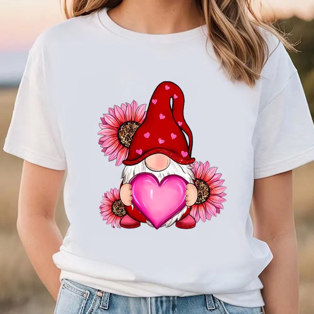 Valentine T-Shirt, Happy Valentine Day Pink Gnome Heart Leopard Sunflower T-Shirt, Valentine Day Shirt