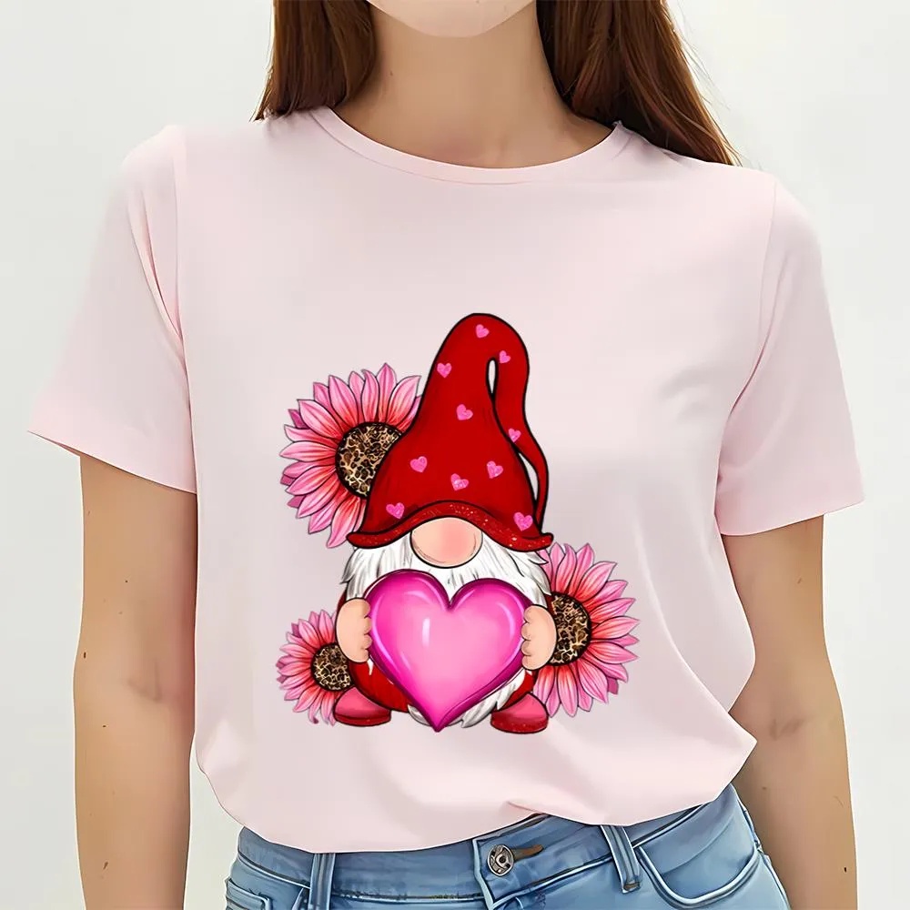 Valentine T-Shirt, Happy Valentine Day Pink Gnome Heart Leopard Sunflower T-Shirt, Valentine Day Shirt