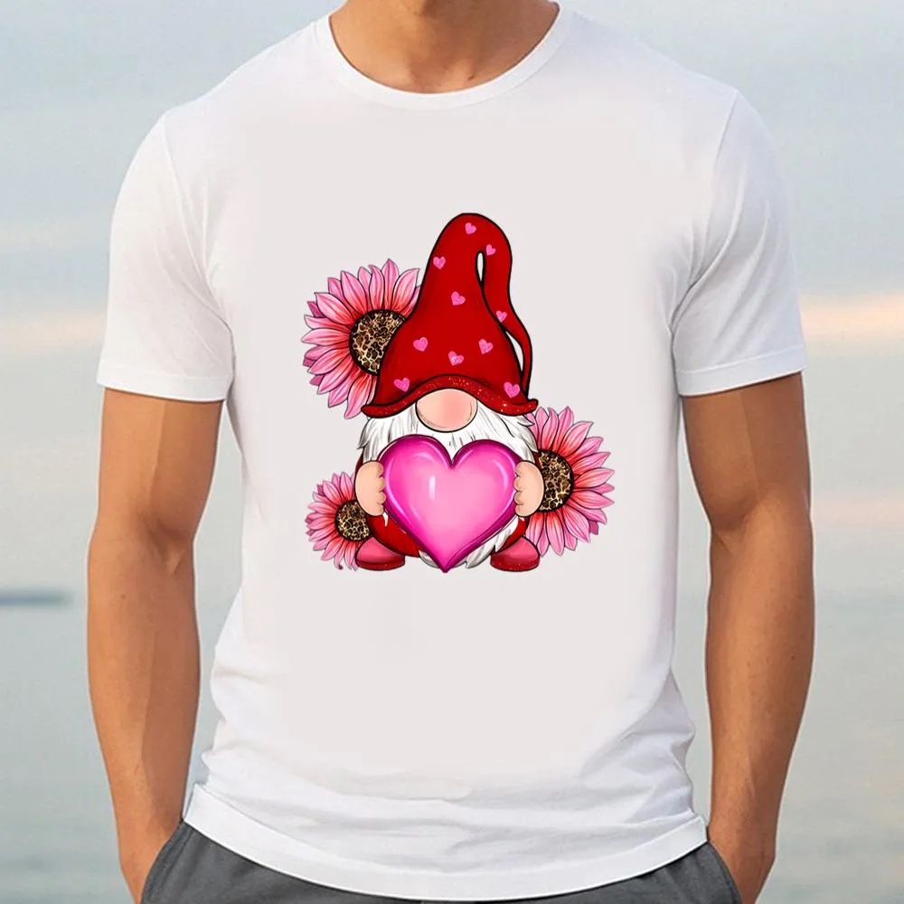 Valentine T-Shirt, Happy Valentine Day Pink Gnome Heart Leopard Sunflower T-Shirt, Valentine Day Shirt