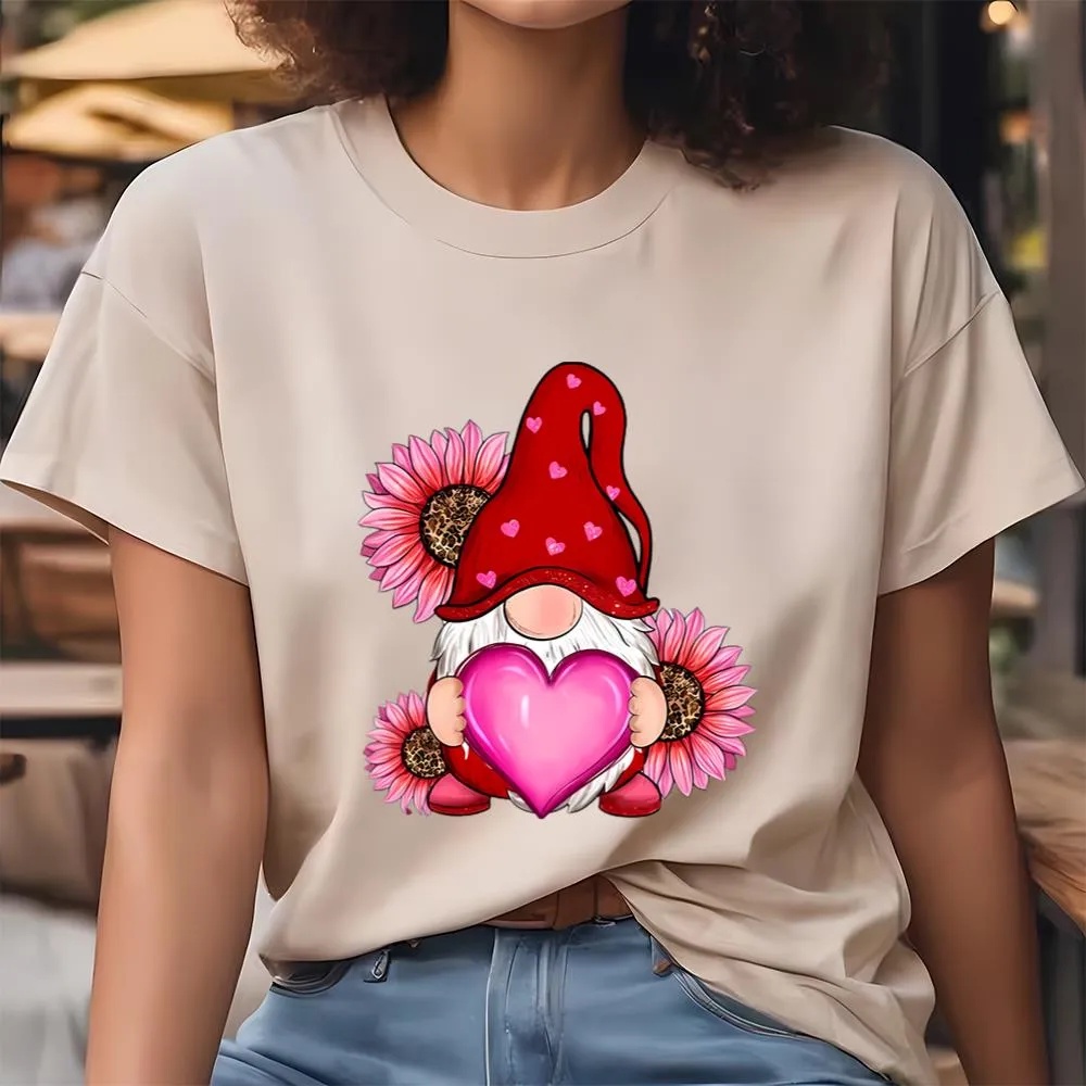 Valentine T-Shirt, Happy Valentine Day Pink Gnome Heart Leopard Sunflower T-Shirt, Valentine Day Shirt