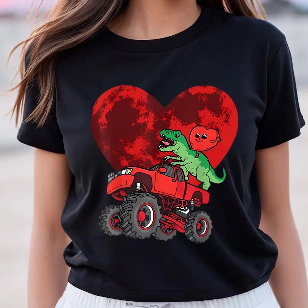 Valentine T-Shirt, Heart Dinosaur Riding Monster Truck Valentines Day Moon Shirt, Valentine Day Shirt