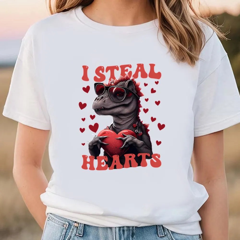 Valentine T-Shirt, Heart Thief Dinosaur Valentine Day T-Shirt, Valentine Day Shirt