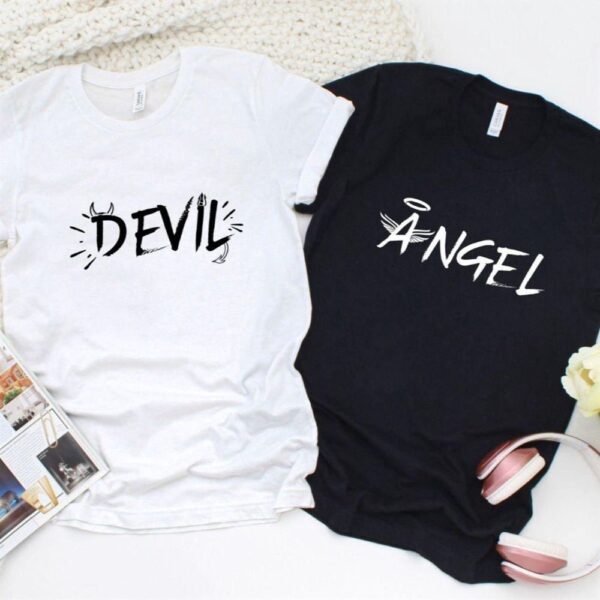 Valentine T-Shirt, Matching Outfits Set, Angel & Devil Fun Matching Outfits Ideal Valentines Day Surprise For Playful Duo