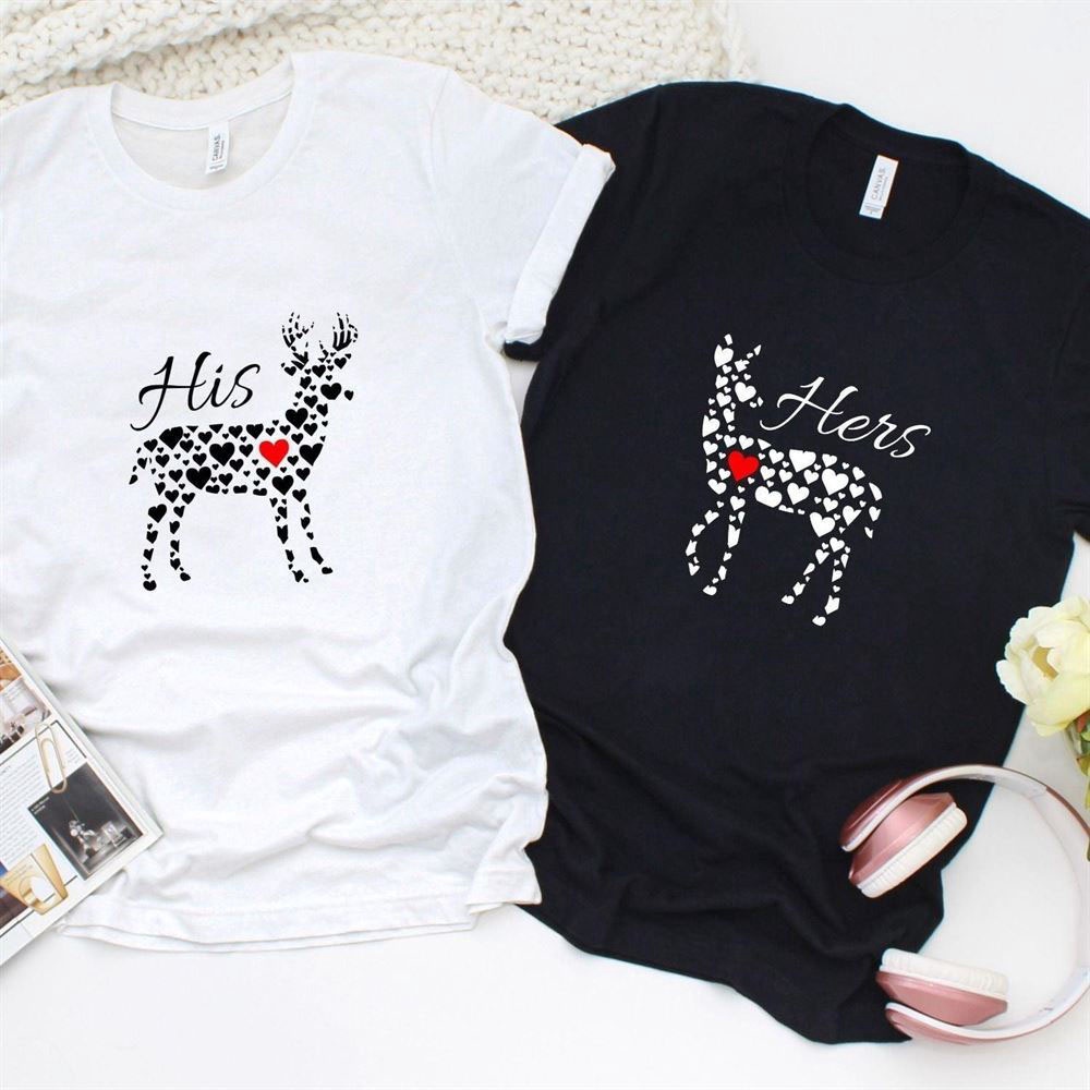 Valentine T-Shirt, Matching Outfits Set, His & Hers Matching Outfits Adorable Deer Hearts & Love Tee Set, Perfect For Couples