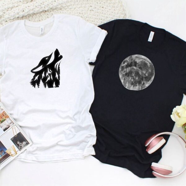 Valentine T-Shirt, Matching Outfits Set, Wolf & Moon Animal Lovers Matching Outfits Set Perfect Christmas Gift For Couples