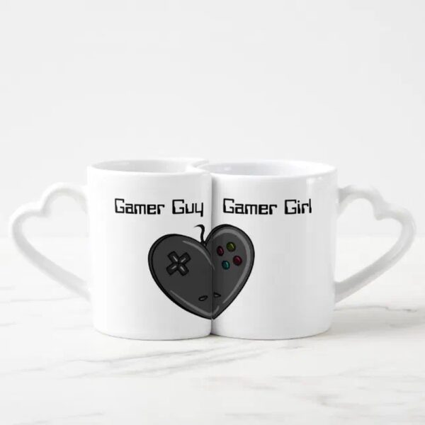 Vanlentine Heart Shaped Mug Set, Gamer Girl & Guy Heart Shaped Controller Coffee Mug Set
