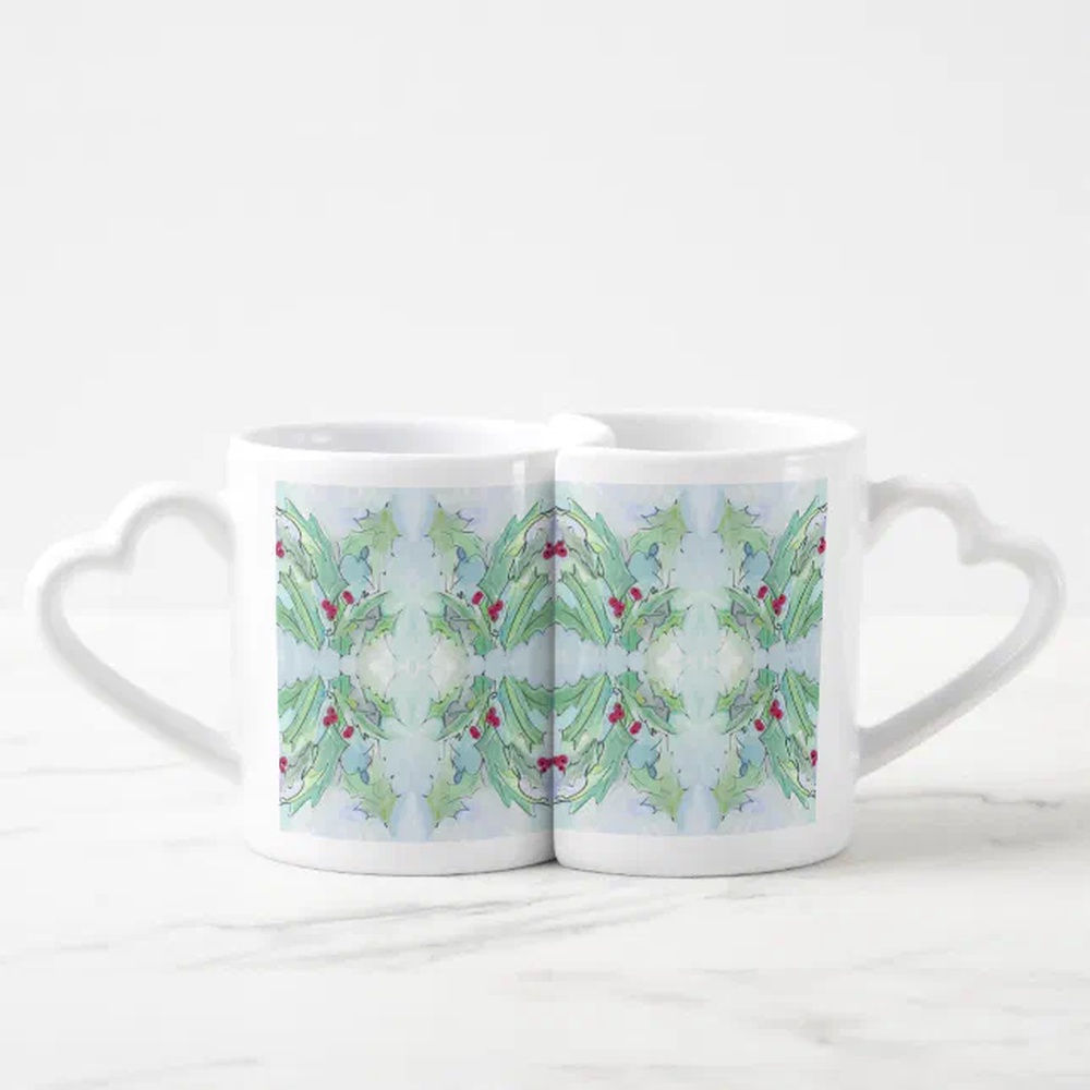 Vanlentine Heart Shaped Mug Set, Holly Berries Watercolor Heart Shape Mug Set