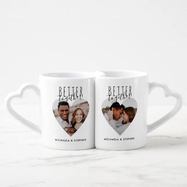 Vanlentine Heart Shaped Mug Set, Modern Better Together Heart Photo & Names Couple Coffee Mug Set