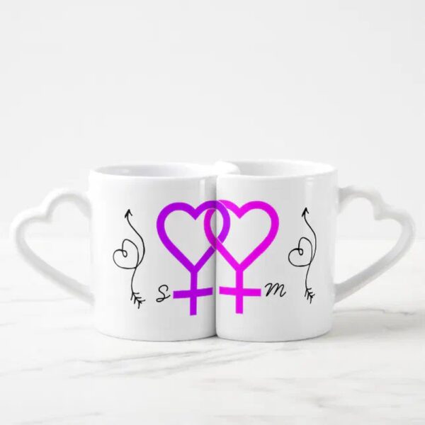 Vanlentine Heart Shaped Mug Set, Modern Monogram Gay Women Female Newlyweds Wedding Coffee Mug Set