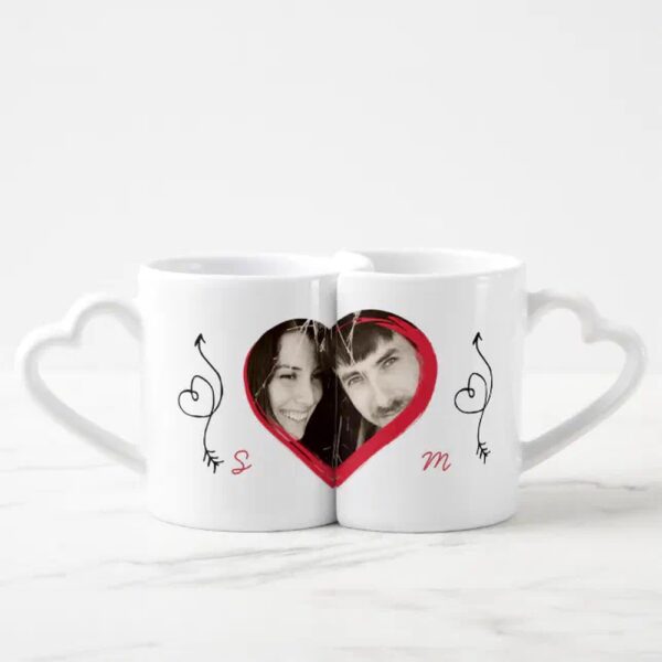 Vanlentine Heart Shaped Mug Set, Modern Monogram PHOTO Newlyweds Wedding Coffee Mug Set