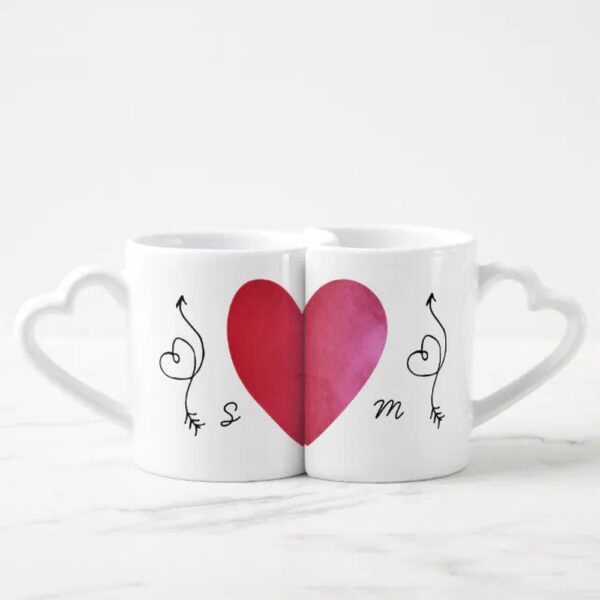 Vanlentine Heart Shaped Mug Set, Modern Monogram Red Heart Newlyweds Wedding Coffee Mug Set