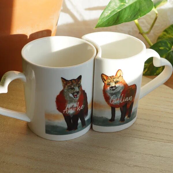 Vanlentine Heart Shaped Mug Set, Red foxes, Heart Shaped Personalized Coffee Mugs