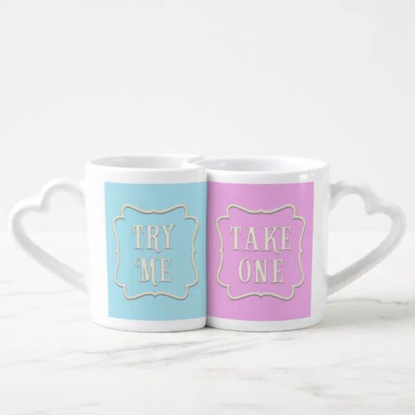 Vanlentine Heart Shaped Mug Set, Try Me Take One Wonderland Tea Party Fanciful Coffee Mug Set