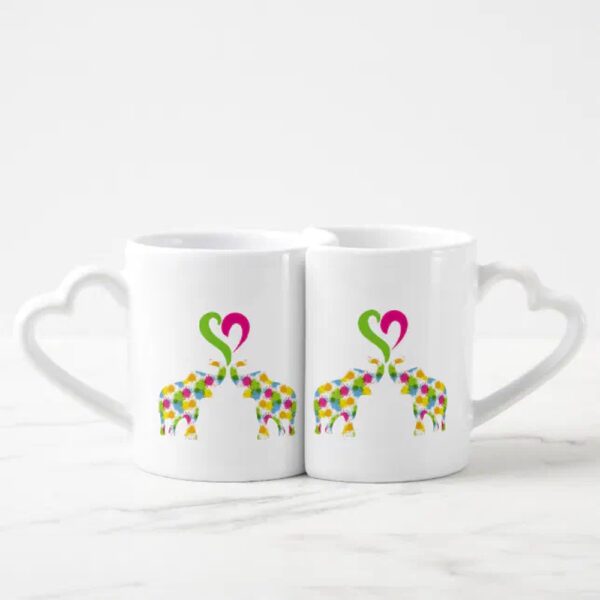 Vanlentine Heart Shaped Mug Set, Two Elephants In Love Coffee Mug Set