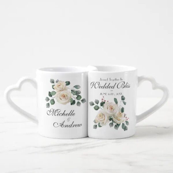 Vanlentine Heart Shaped Mug Set, Wedding Heart White Rose Invitation Coffee Mug Set