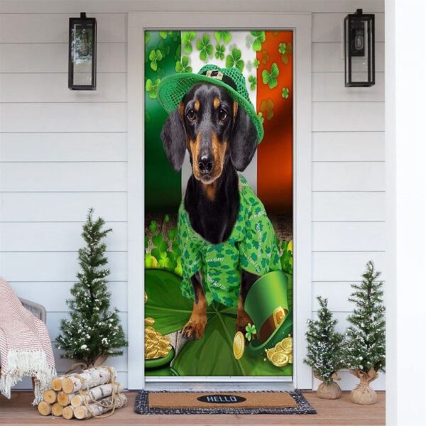 Dachshund With Gold And Clovers Around St Patrick’s Day Door Cover, St Patrick’s Day Door Cover, St Patrick’s Day Door Decor
