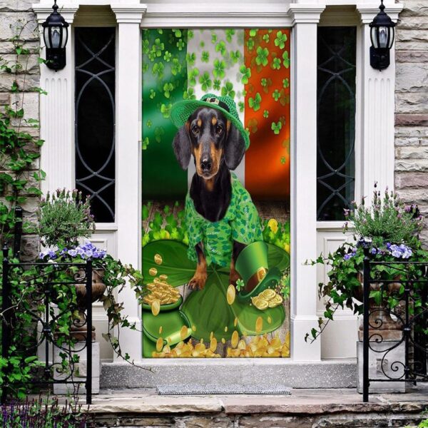 Dachshund With Gold And Clovers Around St Patrick’s Day Door Cover, St Patrick’s Day Door Cover, St Patrick’s Day Door Decor