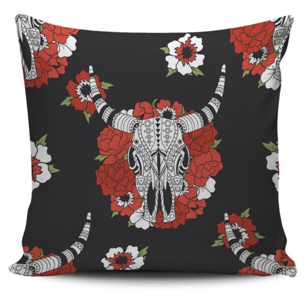 Native American Pillow Case, Bison And Red Flowers Native American Pillow Covers, Native American Pillow Covers