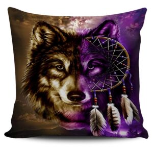 Native American Pillow Case, Purple Wolf Dreamcatcher…