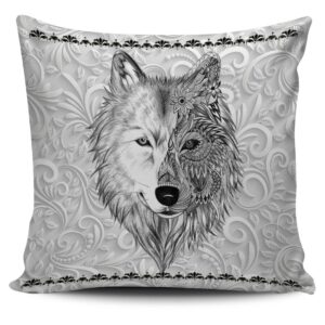 Native American Pillow Case, White Wolf Head…