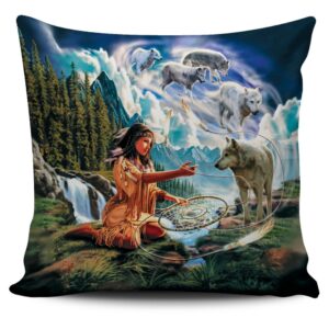 Native American Pillow Case, Wolves & Native…