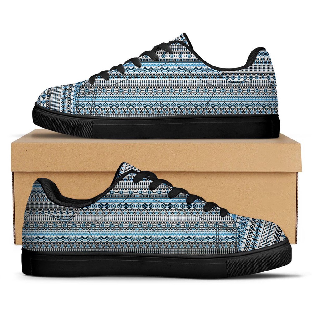 Native American Shoes, American Aztec Blue Native Print Pattern Black Low Top Sneakers, Native American Low Top Shoes