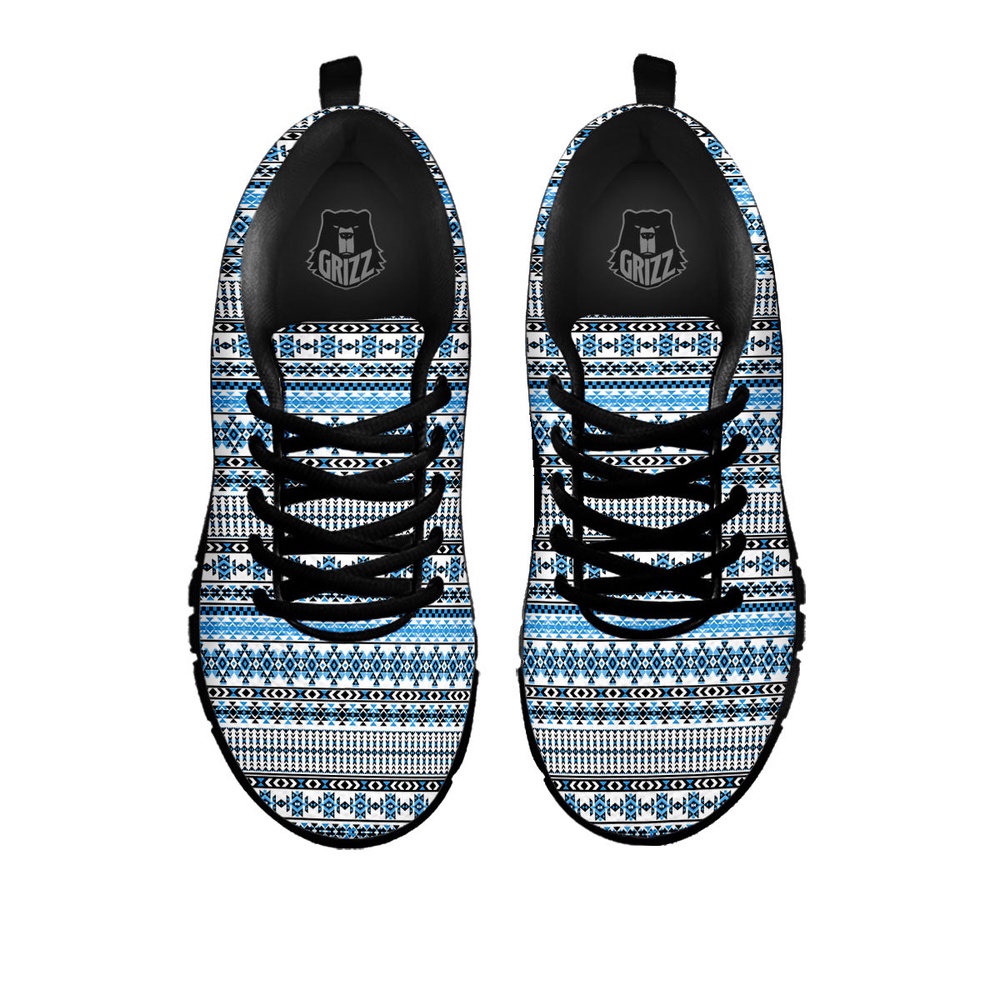 Native American Shoes, American Aztec Blue Native Print Pattern Black Sneaker