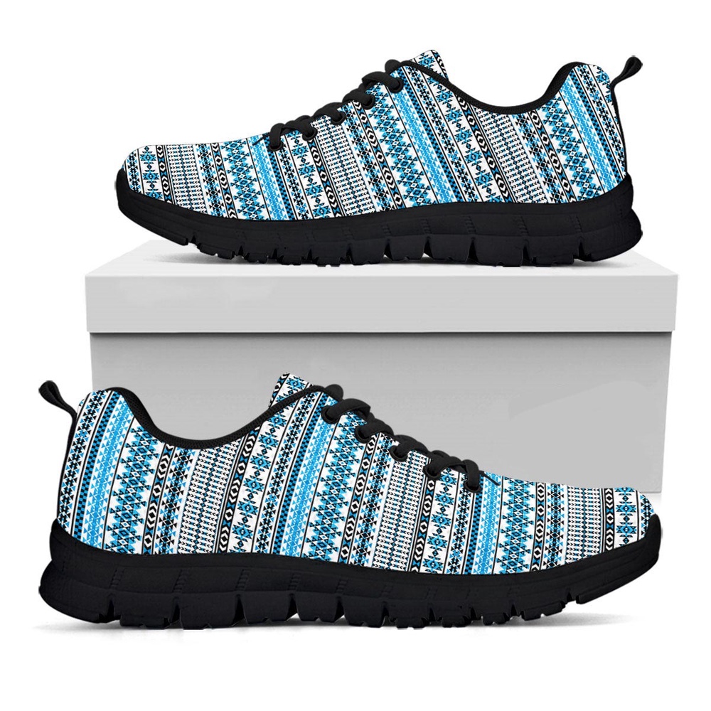 Native American Shoes, American Aztec Blue Native Print Pattern Black Sneaker