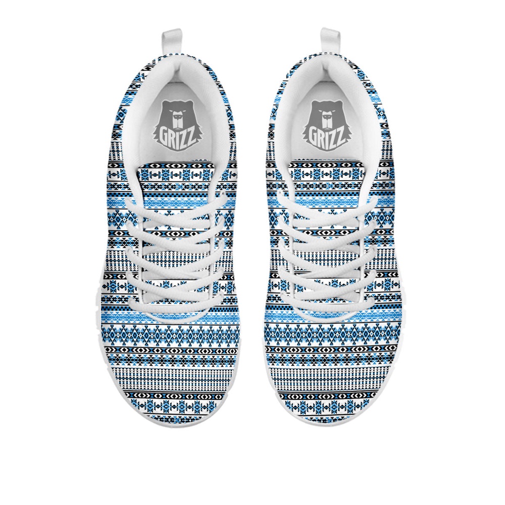 Native American Shoes, American Aztec Blue Native Print Pattern White Sneaker