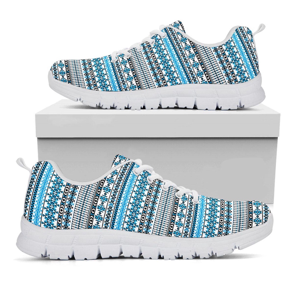 Native American Shoes, American Aztec Blue Native Print Pattern White Sneaker