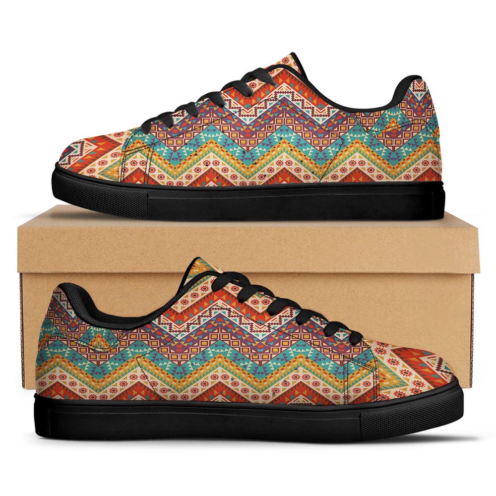Native American Shoes, American Native Tribal Chevron Print Black Low Top Sneakers, Native American Low Top Shoes