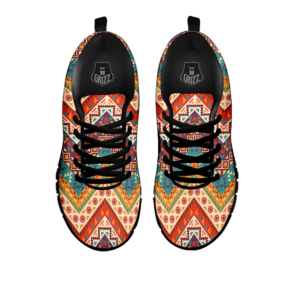 Native American Shoes, American Native Tribal Chevron Print Black Sneaker