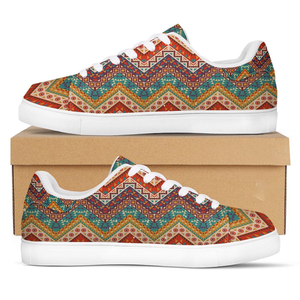 Native American Shoes, American Native Tribal Chevron Print White Low Top Sneakers, Native American Low Top Shoes