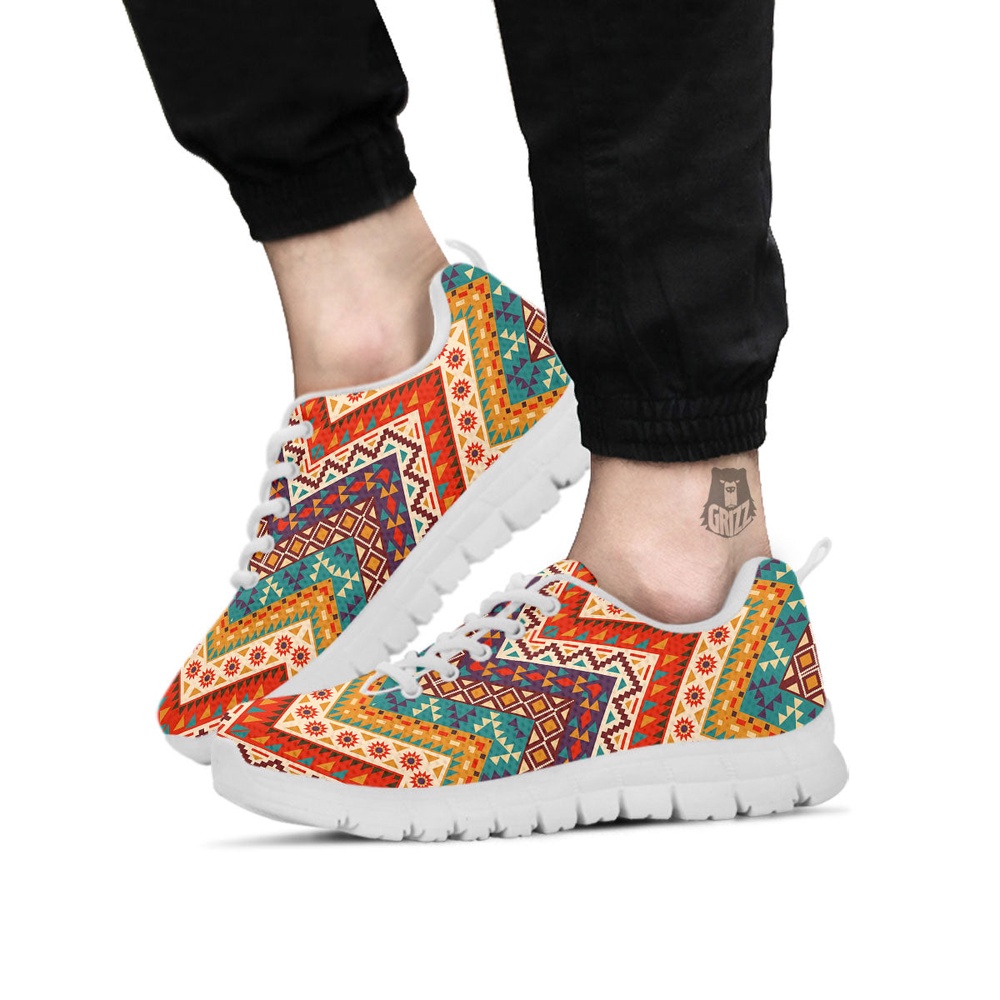 Native American Shoes, American Native Tribal Chevron Print White Sneaker