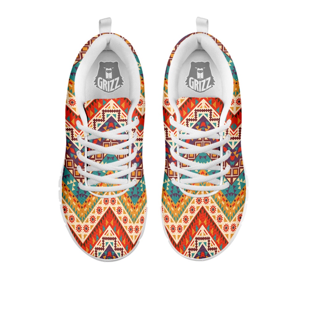 Native American Shoes, American Native Tribal Chevron Print White Sneaker