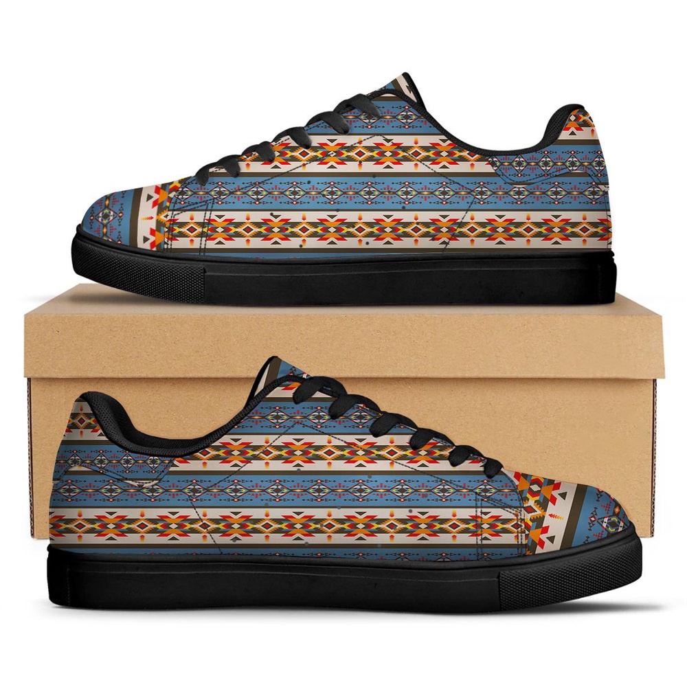 Native American Shoes, American Native Tribal Navajo Print Black Low Top Sneakers, Native American Low Top Shoes