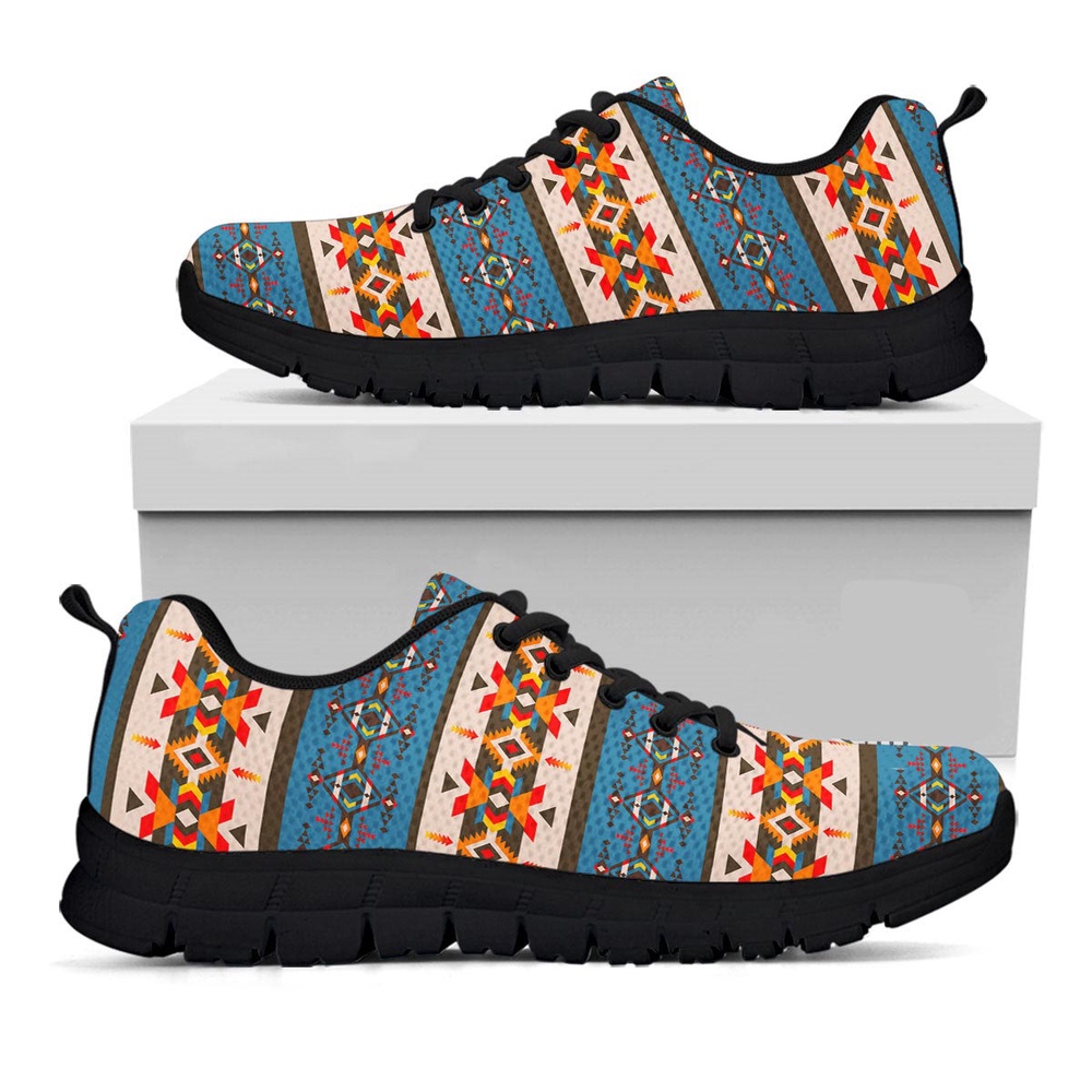 Native American Shoes, American Native Tribal Navajo Print Black Sneaker
