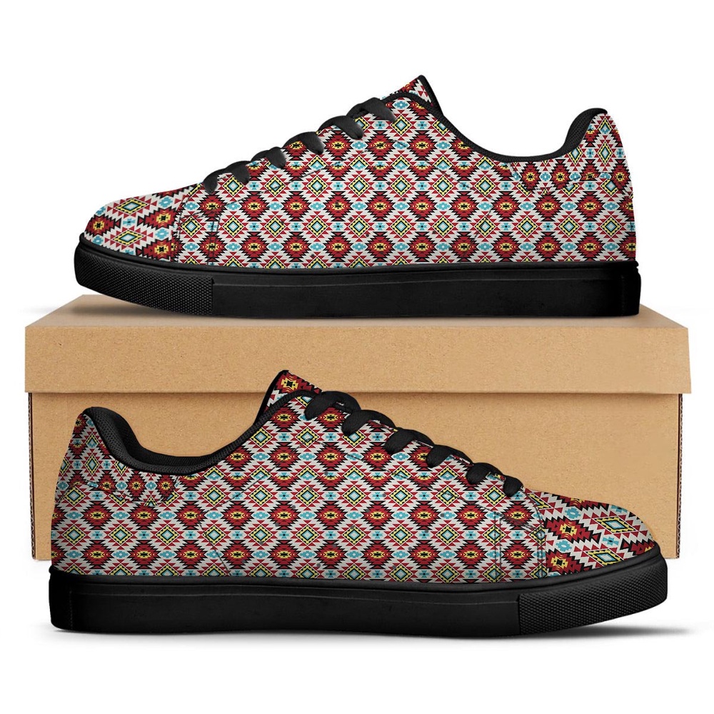 Native American Shoes, American Turquoise Native Print Pattern Black Low Top Sneakers, Native American Low Top Shoes