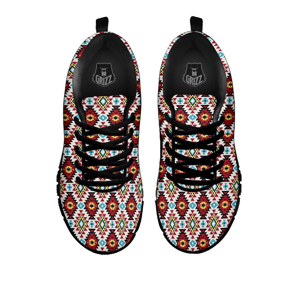 Native American Shoes, American Turquoise Native Print Pattern Black Sneaker