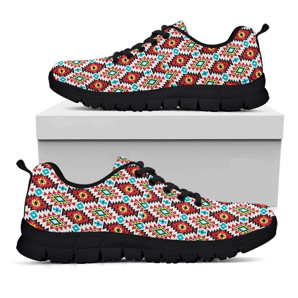 Native American Shoes, American Turquoise Native Print Pattern Black Sneaker