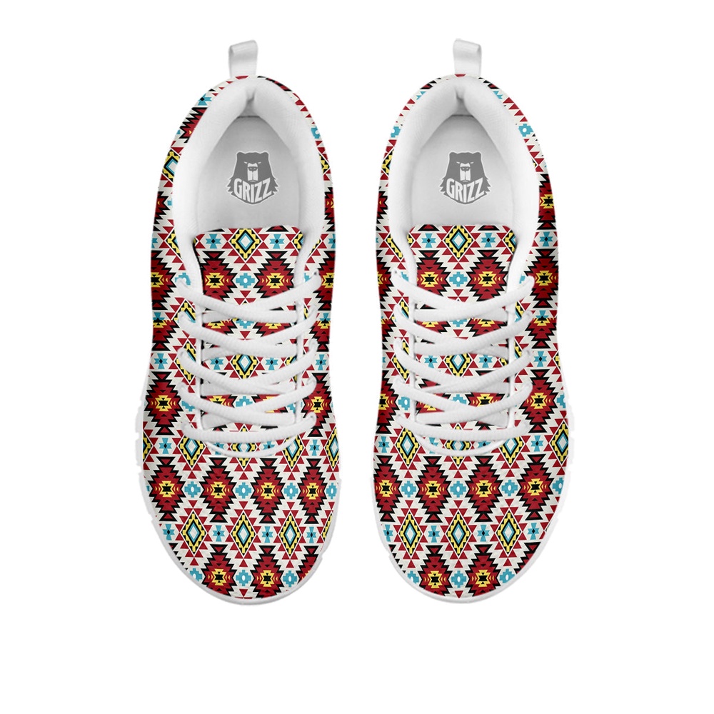 Native American Shoes, American Turquoise Native Print Pattern White Sneaker