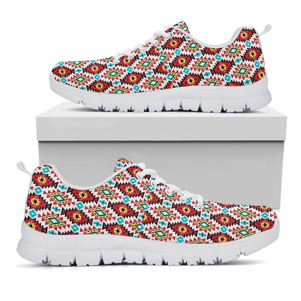 Native American Shoes, American Turquoise Native Print Pattern White Sneaker