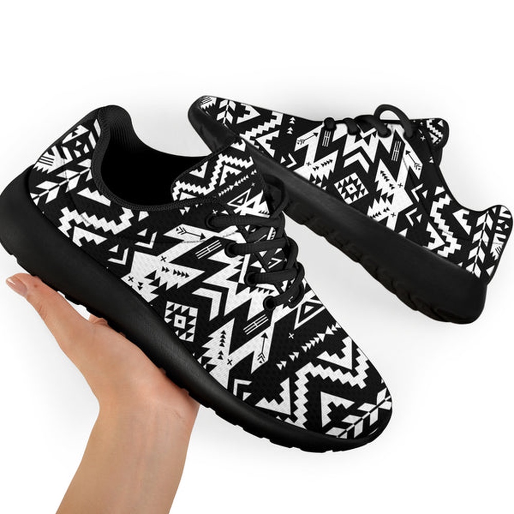 Native American Shoes, Black Pattern Native Sport Sneakers