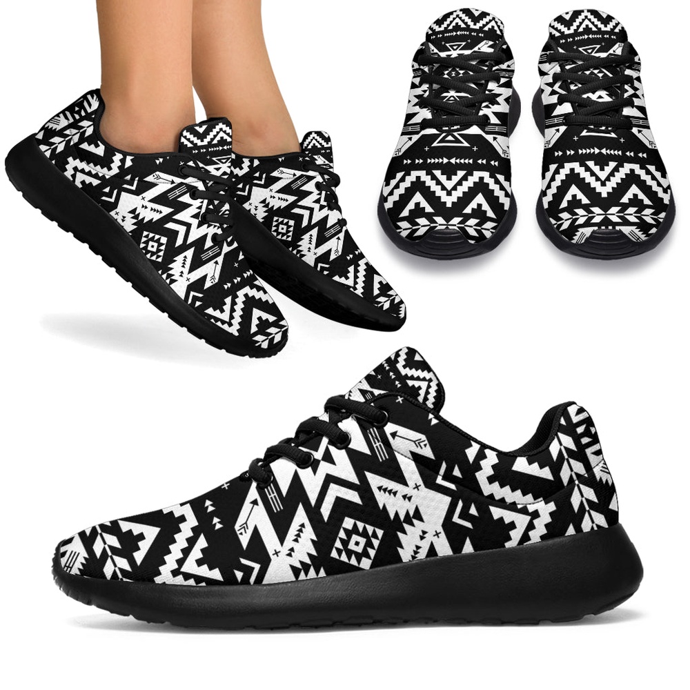 Native American Shoes, Black Pattern Native Sport Sneakers