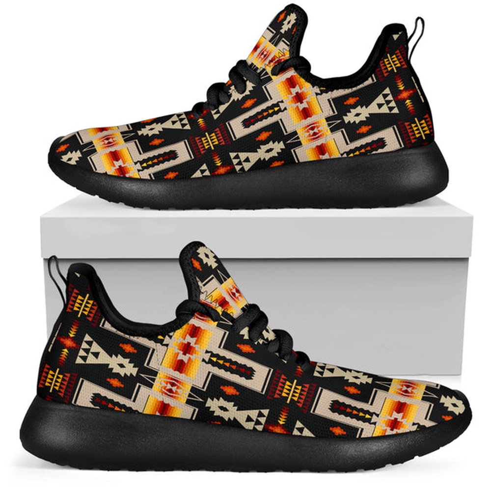 Native American Shoes, Black Tribe Design Native American Mesh Knit Sneakers